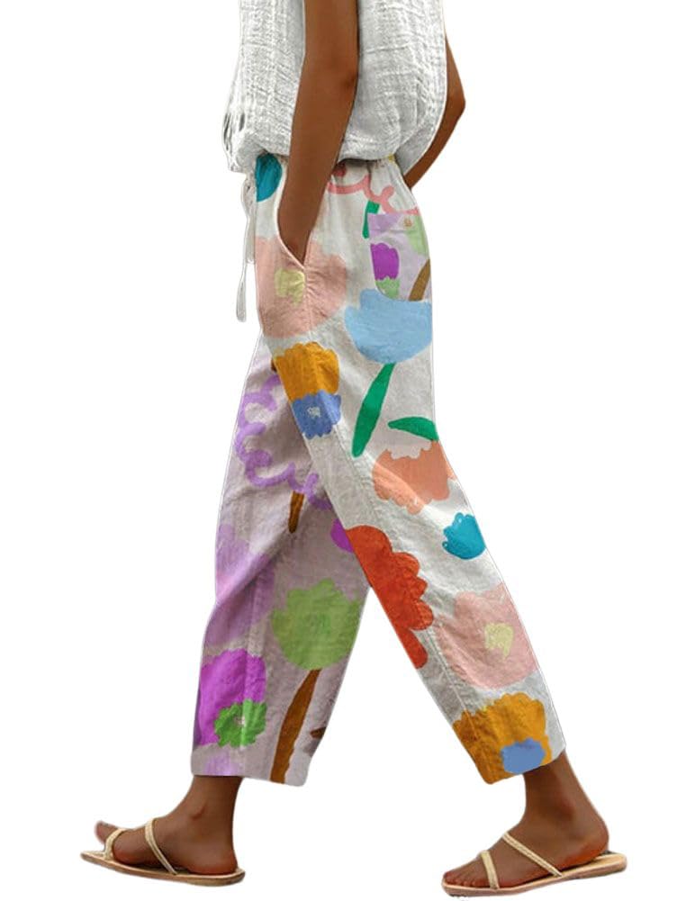 chouyatou Women's Vintage Floral Print High Elastic Waist Wide Leg Capri Beach Palazzo Pants with Pockets (Small, Flower) - Image 1