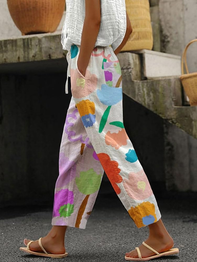 chouyatou Women's Vintage Floral Print High Elastic Waist Wide Leg Capri Beach Palazzo Pants with Pockets (Small, Flower) - Image 2