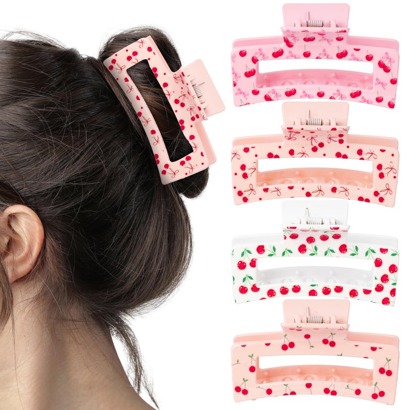 PANTIDE 4Pcs Cherry Hair Claw Clips for Women Girls - Bow Fruit Cute Rectangle Nonslip Banana Hair Clips for Women Girls, Thin Thick Short Long Curly Accessories, Valentine's Day Birthday Party Gift - Image 1