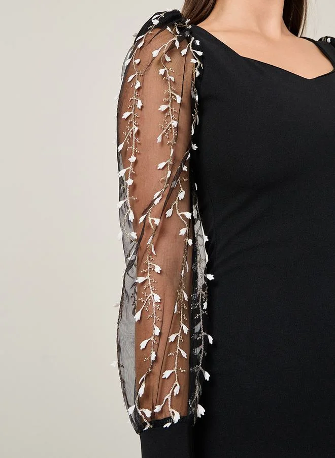 Styli Mesh Floral Embroidered Sleeve Sheath Maxi Dress