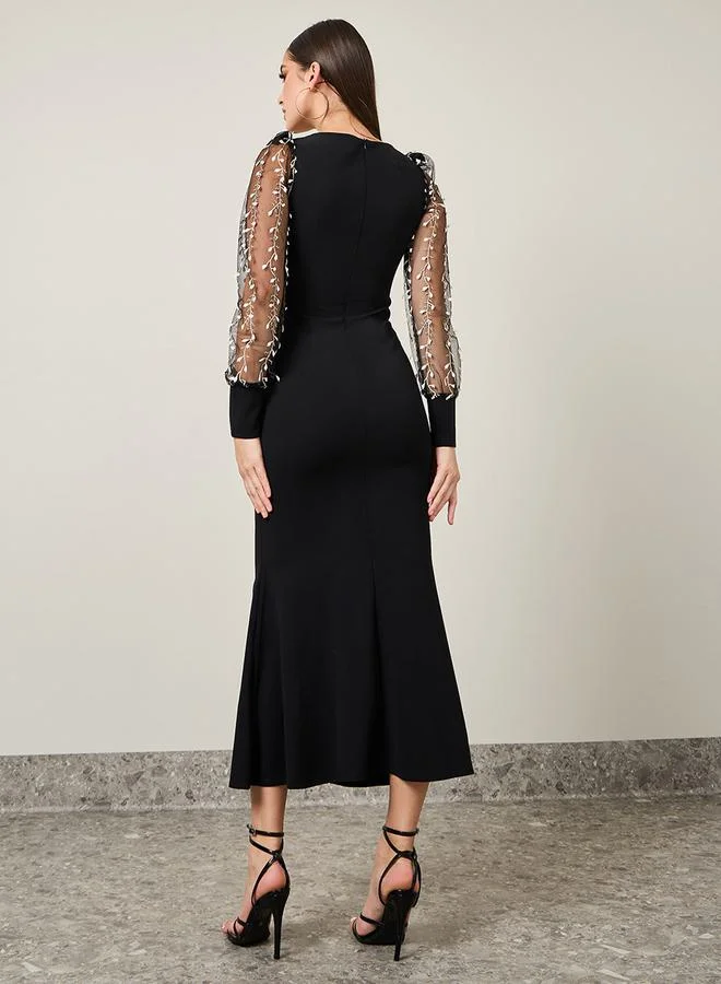 Styli Mesh Floral Embroidered Sleeve Sheath Maxi Dress