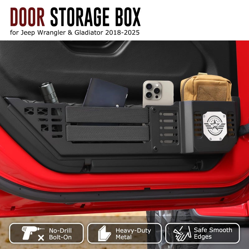 VEILS Front Door Storage Box for Jeep Wrangler JL JLU 4XE (2018-2025) & Gladiator JT (2020-2025) Accessories, Fits Manual/Power Seats, Heavy-Duty Metal Door Pockets Organizer 2PCS, Black - Image 2