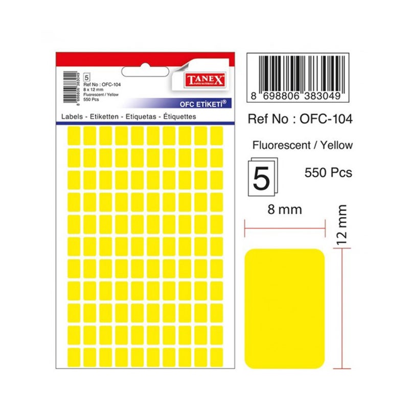 Tanex Office Sticker 8 × 12 mm 550 Labels Pack of 5 Sheets A5 Neon Yellow Model OFC-104