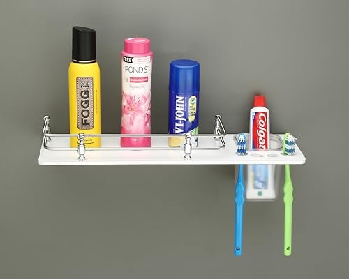 HAPPI Unbreakable Acrylic Toothpaste Glass Tumbler & Toothbrush Holder with Bottle Space Shelf, Tooth Brush Holder Stand Wall Mounted for Bathroom (White) - Image 3