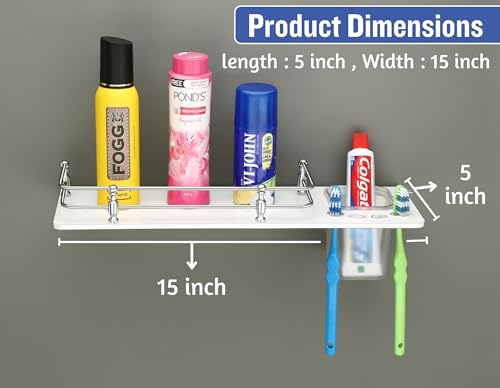 HAPPI Unbreakable Acrylic Toothpaste Glass Tumbler & Toothbrush Holder with Bottle Space Shelf, Tooth Brush Holder Stand Wall Mounted for Bathroom (White) - Image 4