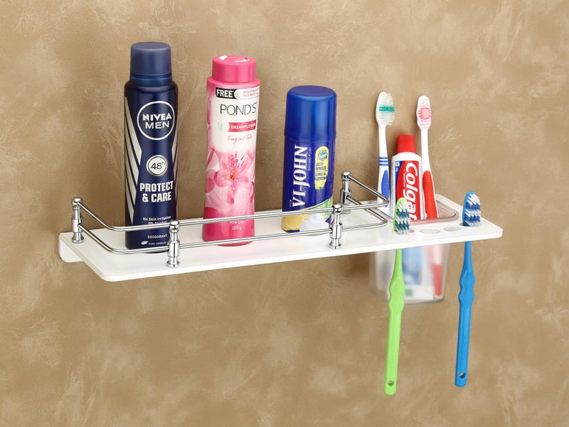 HAPPI Unbreakable Acrylic Toothpaste Glass Tumbler & Toothbrush Holder with Bottle Space Shelf, Tooth Brush Holder Stand Wall Mounted for Bathroom (White) - Image 1