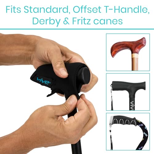Vive Cane Handle Cover - Cushion Grip, Hand Pain Relief for Elderly & Seniors - Foam Pad for Walking Stick - Comfort, Soft & Non-Slip Wrap Around Support Padding - Universal Fit for Most Canes (Black) - Image 3