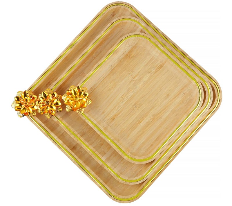 Kiwilon Bamboo Serving Tray Set of 3 with Golden Border and Metal Art Flower Food, Sushi, Fruits, Dryfruits Plattter Square Shape (1 X Big, 1 X Medium, 1 X Small) - Image 1