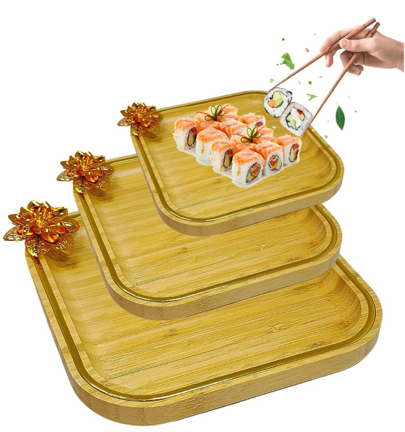 Kiwilon Bamboo Serving Tray Set of 3 with Golden Border and Metal Art Flower Food, Sushi, Fruits, Dryfruits Plattter Square Shape (1 X Big, 1 X Medium, 1 X Small) - Image 2