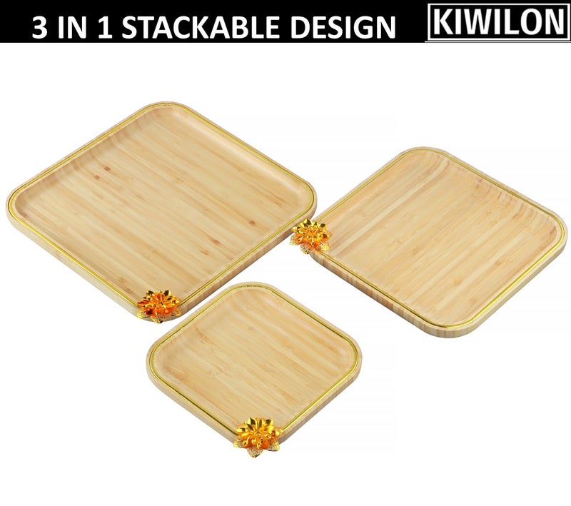 Kiwilon Bamboo Serving Tray Set of 3 with Golden Border and Metal Art Flower Food, Sushi, Fruits, Dryfruits Plattter Square Shape (1 X Big, 1 X Medium, 1 X Small) - Image 5