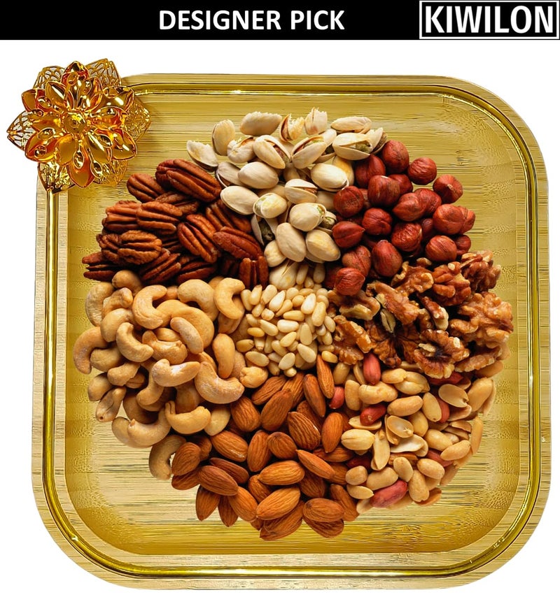 Kiwilon Bamboo Serving Tray Set of 3 with Golden Border and Metal Art Flower Food, Sushi, Fruits, Dryfruits Plattter Square Shape (1 X Big, 1 X Medium, 1 X Small) - Image 4