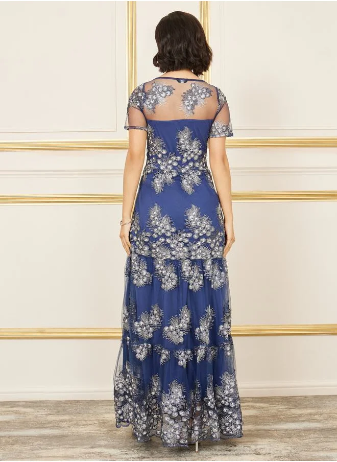 ستايلي Embroidered Mesh Insert A-Line Maxi Dress