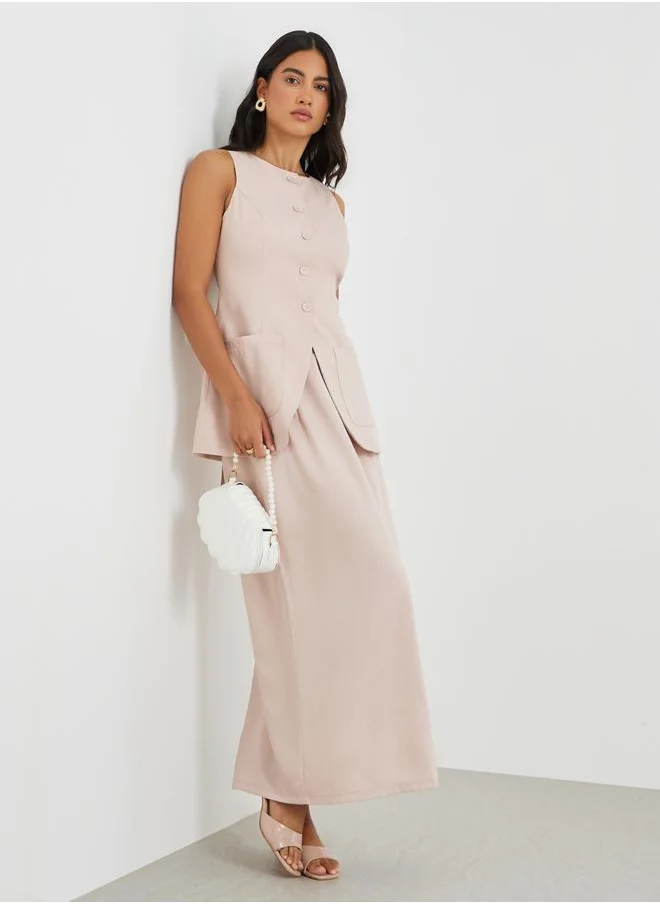 ستايلي Styli Solid Mid Rise Linen Maxi Skirt