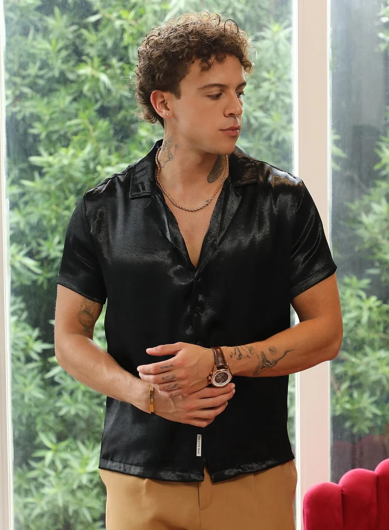 Campus Sutra Men's Midnight Black Solid Satin Shirt For Casual Wear | Cuban Collar | Short Sleeve | Button Closure | Shirt Crafted With Comfort Fit For Everyday Wear