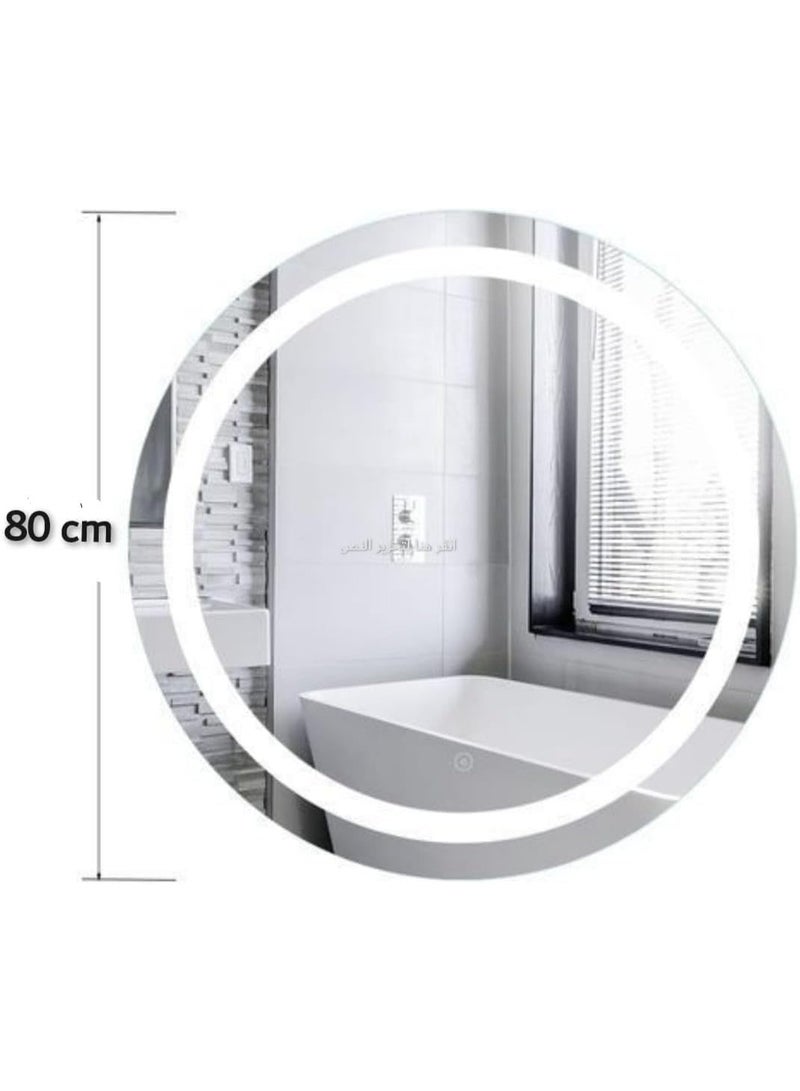 مرآة دائرية بإضاءة خلفية - مرآة حائط مزودة بإضاءة زرقاء مع مستشعر لمس، مضادة للضباب، مرآة مكياج عصرية للحمام، مناسبة للمنزل أو الصالون - Image 3