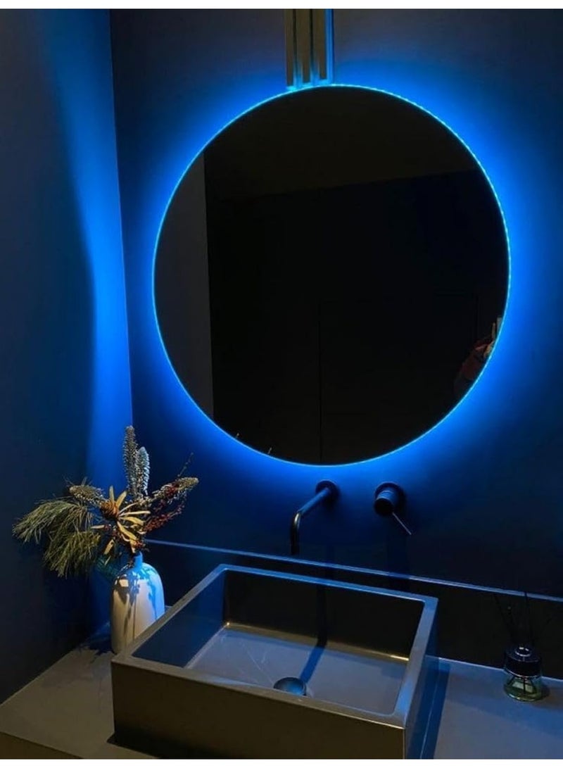 مرآة دائرية بإضاءة خلفية - مرآة حائط مزودة بإضاءة زرقاء مع مستشعر لمس، مضادة للضباب، مرآة مكياج عصرية للحمام، مناسبة للمنزل أو الصالون - Image 1