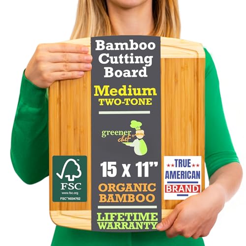 GREENER CHEF 15 Inch Medium Cutting Board with Lifetime Replacements, Bamboo Cutting Boards for Kitchen, Butcher Block, Medium Wooden Chopping Board for Meat, Veggies, Non Toxic Charcuterie Board - Image 1