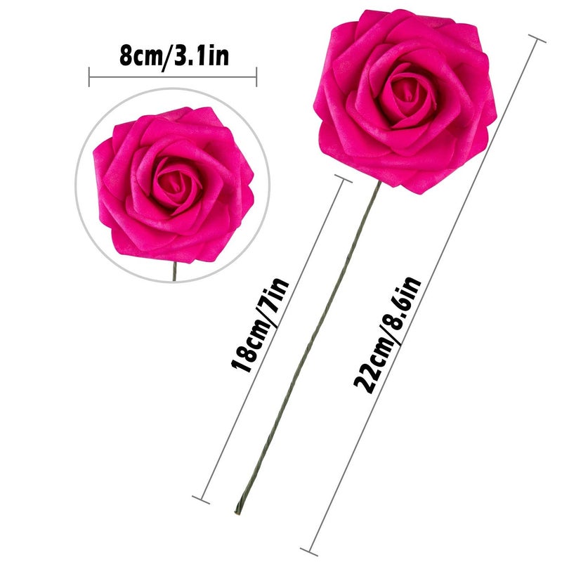 Exoment 25pcs Artificial Flower Foam Rose Real Touch Roses Flower Heads with Stem for DIY Wedding Bouquets Centerpieces Arrangements Party Baby Shower Home Decor (Hot Pink) - Image 2