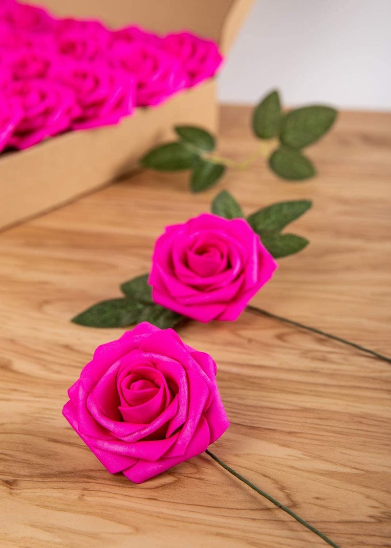 Exoment 25pcs Artificial Flower Foam Rose Real Touch Roses Flower Heads with Stem for DIY Wedding Bouquets Centerpieces Arrangements Party Baby Shower Home Decor (Hot Pink) - Image 3