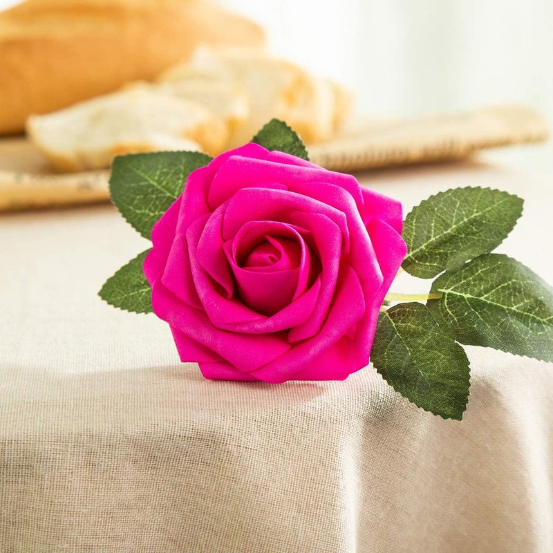 Exoment 25pcs Artificial Flower Foam Rose Real Touch Roses Flower Heads with Stem for DIY Wedding Bouquets Centerpieces Arrangements Party Baby Shower Home Decor (Hot Pink) - Image 4