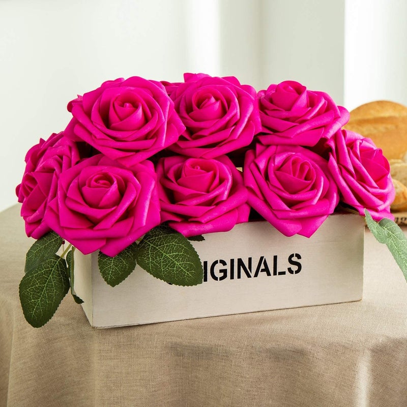 Exoment 25pcs Artificial Flower Foam Rose Real Touch Roses Flower Heads with Stem for DIY Wedding Bouquets Centerpieces Arrangements Party Baby Shower Home Decor (Hot Pink) - Image 5