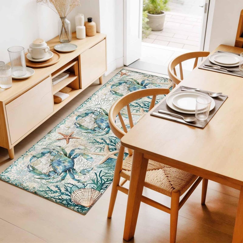Hallway Runner Rug 2'x6', Coastal Crab Washable Bathroom Area Rugs for Kitchen Bedroom Laundry, Ocean Coral Starfish Nautical Map Non Slip Door Mat Indoor Entrance Floor Throw Bedsides Carpet - Image 4