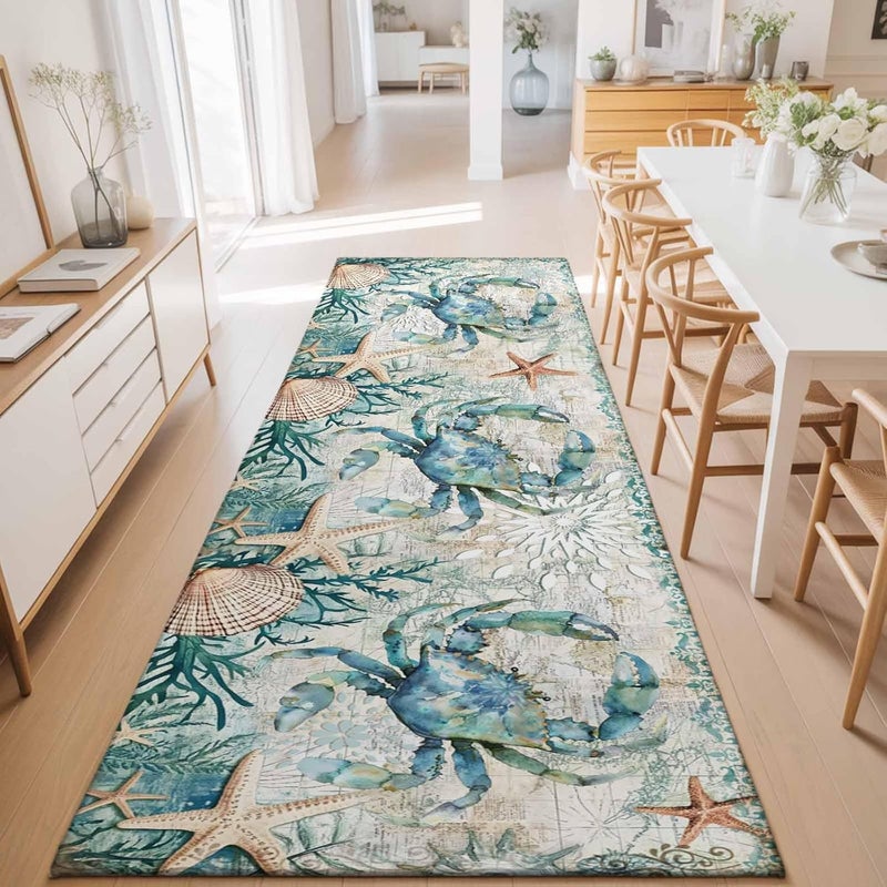 Hallway Runner Rug 2'x6', Coastal Crab Washable Bathroom Area Rugs for Kitchen Bedroom Laundry, Ocean Coral Starfish Nautical Map Non Slip Door Mat Indoor Entrance Floor Throw Bedsides Carpet - Image 5