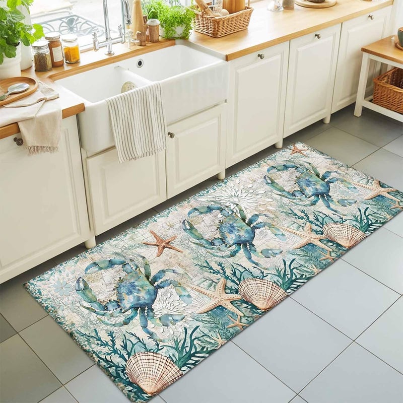 Hallway Runner Rug 2'x6', Coastal Crab Washable Bathroom Area Rugs for Kitchen Bedroom Laundry, Ocean Coral Starfish Nautical Map Non Slip Door Mat Indoor Entrance Floor Throw Bedsides Carpet - Image 1