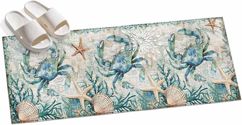 Hallway Runner Rug 2'x6', Coastal Crab Washable Bathroom Area Rugs for Kitchen Bedroom Laundry, Ocean Coral Starfish Nautical Map Non Slip Door Mat Indoor Entrance Floor Throw Bedsides Carpet - Image 3