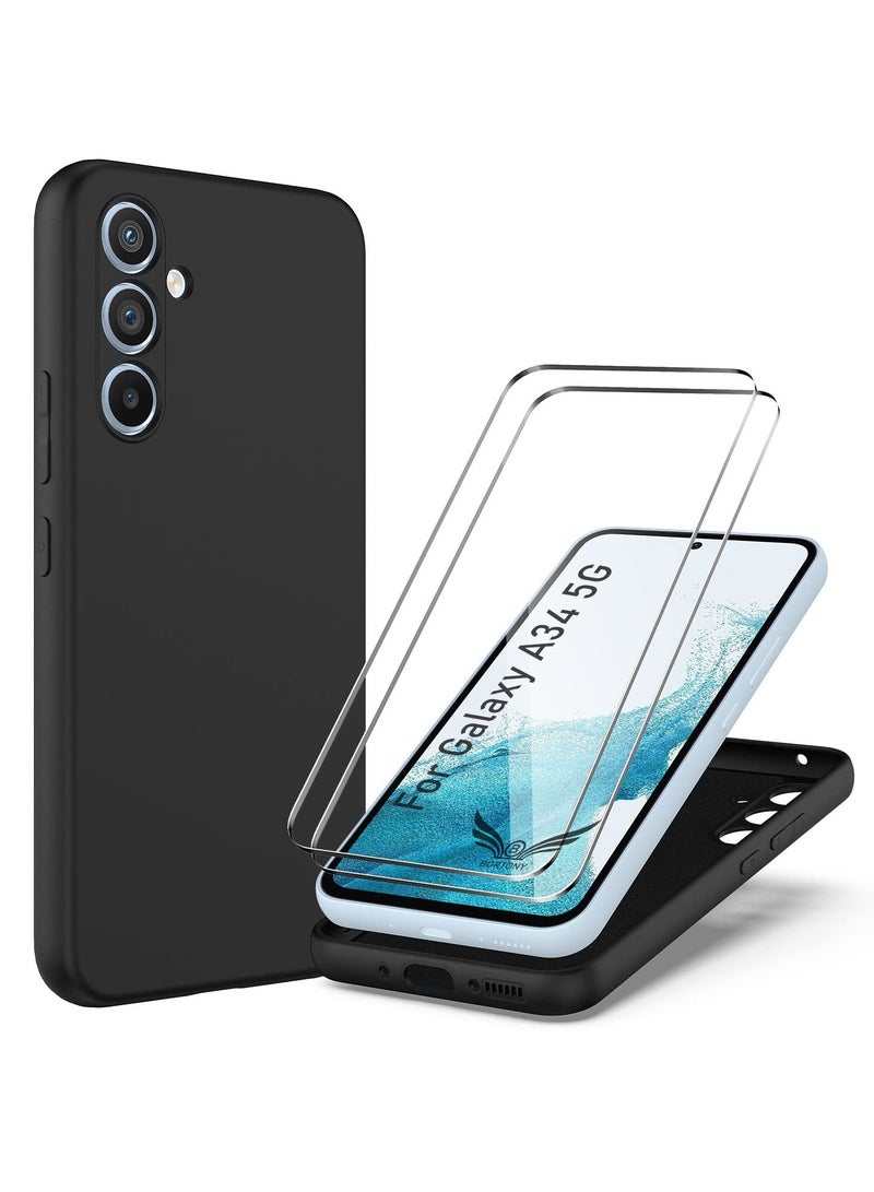 BORTONY Galaxy A34 5G Case with 2 Pack Tempered Glass Screen Protector Microfiber Shockproof Soft Liquid Silicone Protective Phone Cover for Samsung Galaxy A34 5G - Image 1