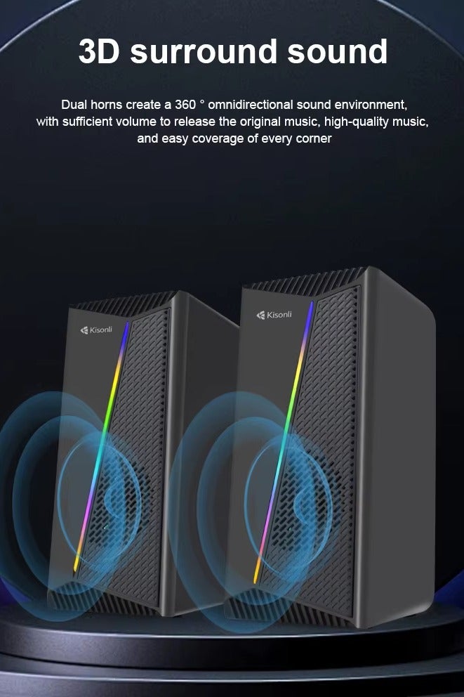 Kisonli X30 Multimedia Speaker Wired RGB –  3W*2.0 Channel speaker (Total 6W) – Wired USB 2.0 Power + 3.5 mm audio plug  – Dynamic RGB Lighting for Gaming / Music/ Computer and Laptop , Mobile | Black - Image 2