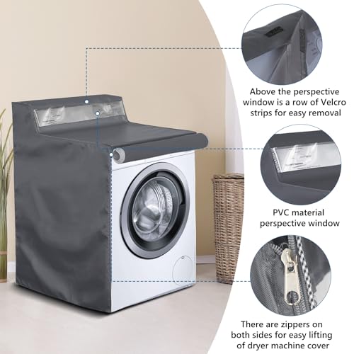 AKEfit 1 Pack Washing Machine Cover, Waterproof Dustproof Washer Dryer Cover with Zipper and Perspective Window ,Fit for Front Load or Top Washer and Dryer 27"Wx26"Dx43"H,Grey - Image 4