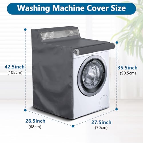 AKEfit 1 Pack Washing Machine Cover, Waterproof Dustproof Washer Dryer Cover with Zipper and Perspective Window ,Fit for Front Load or Top Washer and Dryer 27"Wx26"Dx43"H,Grey - Image 2
