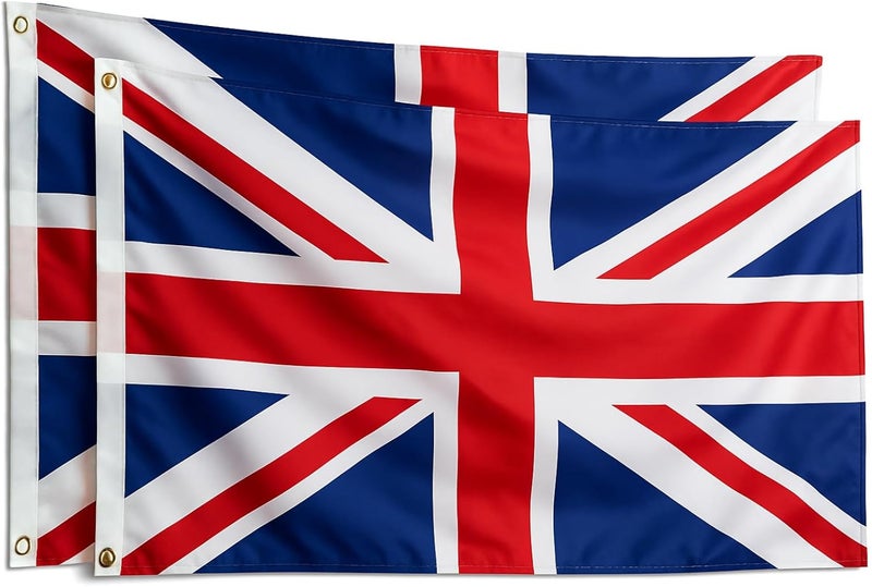 علم الاتحاد الجماهيري (Union Jack)، علم المملكة المتحدة (عبوة تحتوي على 2 علمين)، مقاس 5 أقدام × 3 أقدام، مزود بحلقات نحاسية، مناسب للاستخدام داخليًا وخارجيًا، في الحفلات والمهرجانات وديكورات شوارع كورونيشن، والاحتفالات الملكية. - Image 1