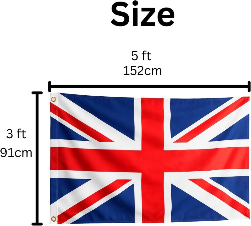 علم الاتحاد الجماهيري (Union Jack)، علم المملكة المتحدة (عبوة تحتوي على 2 علمين)، مقاس 5 أقدام × 3 أقدام، مزود بحلقات نحاسية، مناسب للاستخدام داخليًا وخارجيًا، في الحفلات والمهرجانات وديكورات شوارع كورونيشن، والاحتفالات الملكية. - Image 4