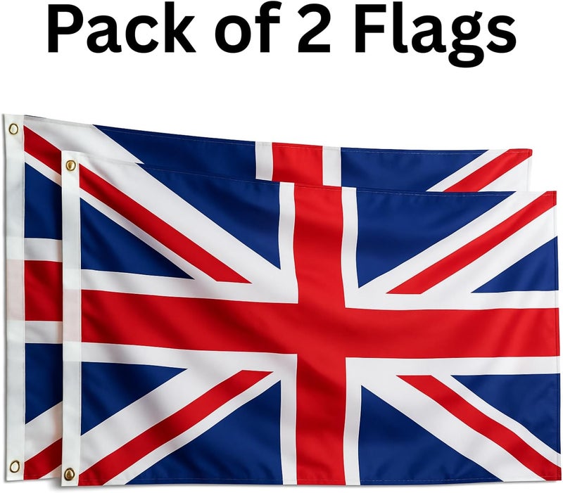 علم الاتحاد الجماهيري (Union Jack)، علم المملكة المتحدة (عبوة تحتوي على 2 علمين)، مقاس 5 أقدام × 3 أقدام، مزود بحلقات نحاسية، مناسب للاستخدام داخليًا وخارجيًا، في الحفلات والمهرجانات وديكورات شوارع كورونيشن، والاحتفالات الملكية. - Image 2