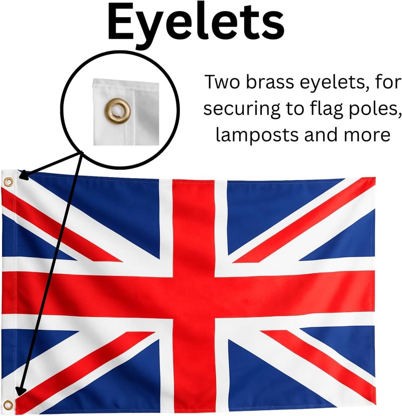 علم الاتحاد الجماهيري (Union Jack)، علم المملكة المتحدة (عبوة تحتوي على 2 علمين)، مقاس 5 أقدام × 3 أقدام، مزود بحلقات نحاسية، مناسب للاستخدام داخليًا وخارجيًا، في الحفلات والمهرجانات وديكورات شوارع كورونيشن، والاحتفالات الملكية. - Image 3