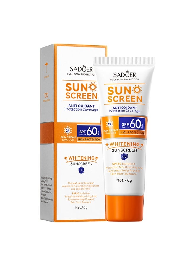 سادور كريم واقي من الشمس مقاوم للماء بعامل حماية SPF60+، وزن 40 غرام - مقاوم للعرق، حماية من الأشعة فوق البنفسجية UVB/UVA، نياسيناميد لتفتيح البشرة وحماية خفيفة الوزن. - Image 1