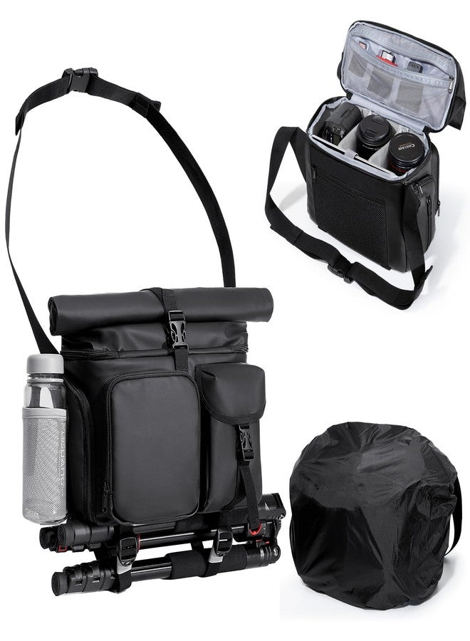 Smasrob Camera Bag with Tripod Holder, Rain Cover and Hidden Water Bottle Holder, Camera Sling Bag with Extra Storage Section, Black - Image 1
