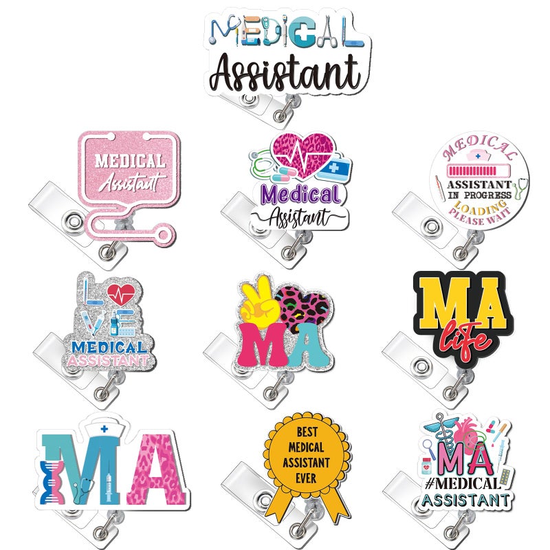 Landical 10 Pcs Medical Assistant Badge Reel Funny MA Badge Clip Holder with Alligator Clip Retractable Name Card Holder Medical Assistant Gifts for RN Nurse Work - Image 1