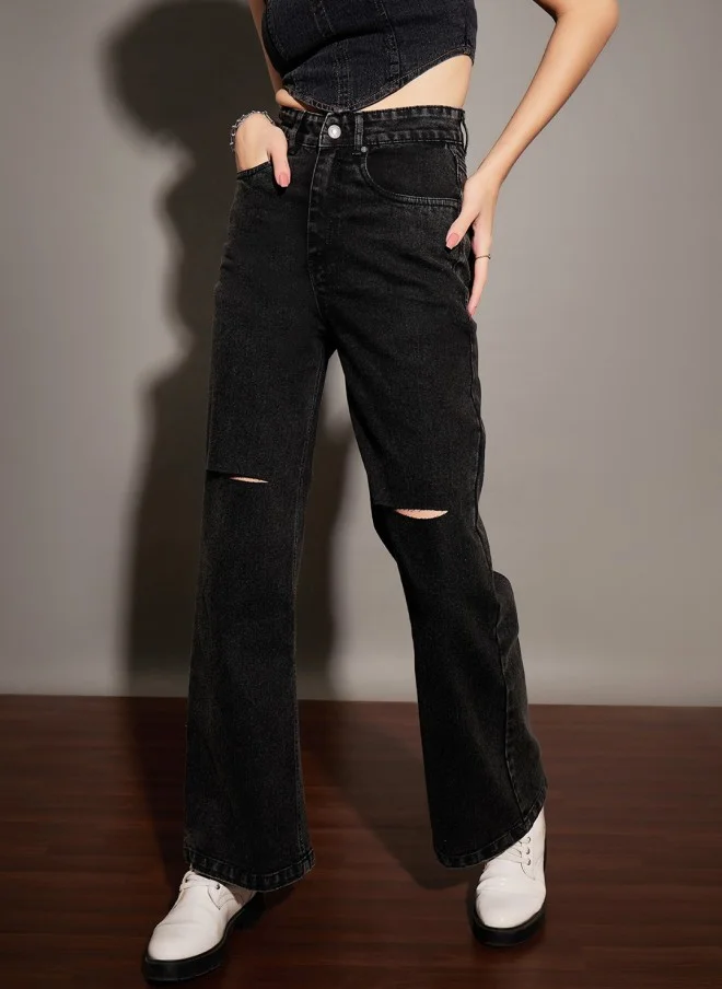 SASSAFRAS Stretchable Black Slash Knee Jeans for Women