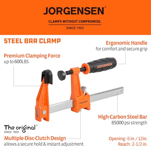 JORGENSEN 4-pack Steel Bar Clamps Set, 6-inch (2) & 12-inch (2) Medium Duty F-Clamp, 600 Lbs Load Limit, for Woodworking - Image 2