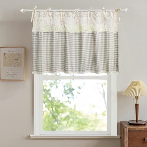 Gxi Tie Top Plaid Kitchen Curtain Valance for Living Room Bedroom Small Windows Gingham Linen Cafe Curtain Short Vintage French Window Treatment Tiers Bathroom Farmhouse Valance 1 Panel 39 x 20 inch - Image 1