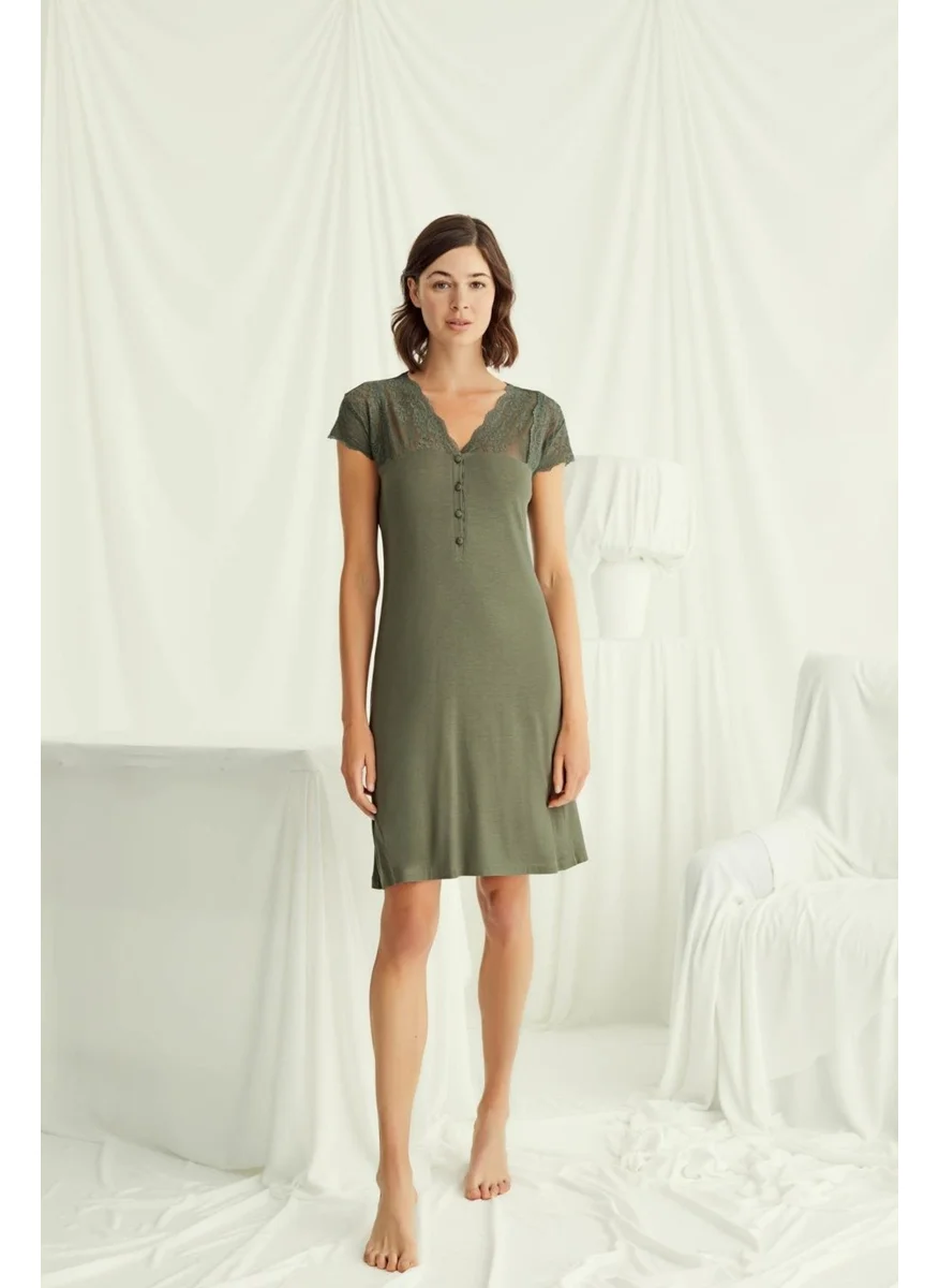 Monamise Women's Nightgown with Lace Sleeves, Shoulders and Collar and Buttons in the Front