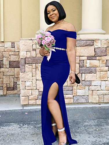 YMDUCH Women's Off Shoulder High Split Long Formal Party Dress Evening Gown Royal Blue - Image 5