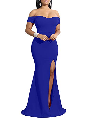YMDUCH Women's Off Shoulder High Split Long Formal Party Dress Evening Gown Royal Blue - Image 1