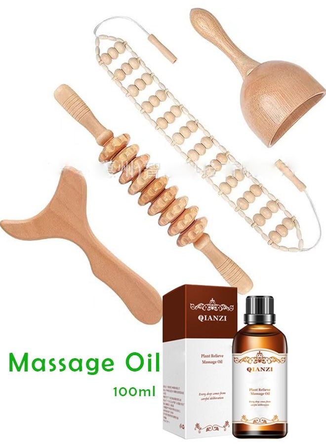 XiuWoo 100ml massage oil and 4 Pieces Wood Therapy Kit Massage Tools Maderoterapia Kit Wood Massager Roller Wood Gua Sha Roller Manual Wooden Fascia Massage for Release Cellulite Muscle Blasting Pain Relief  - Image 1