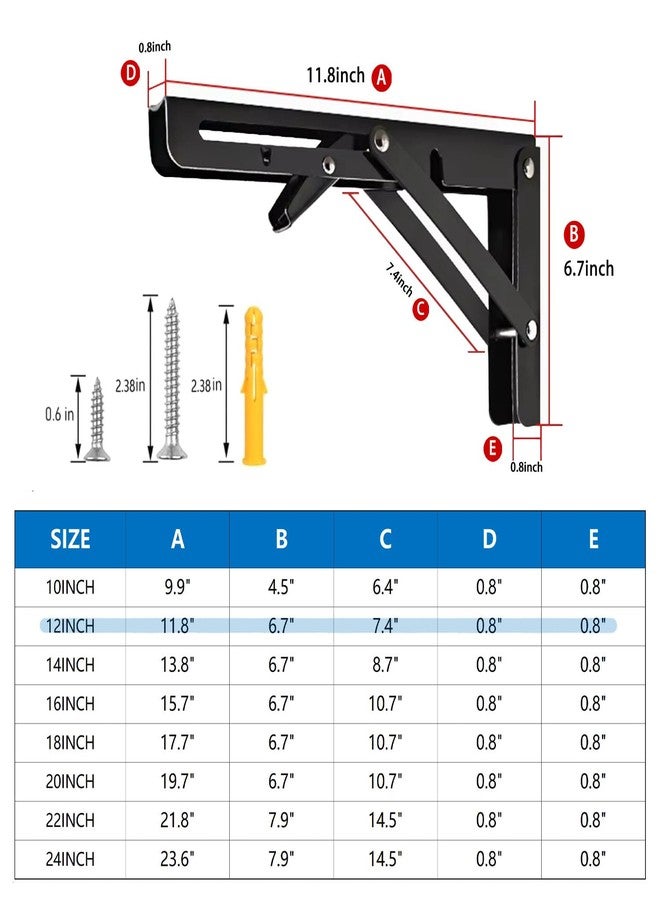 AUTOHJ Folding Shelf Bracket 12 inch 2PC Wall Mounted Collapsible Shelves Brackets Heavy Duty Foldable Workbench Bracket DIY Wall Table Hinges for RV Countertop Extension Gargage Workstation Table Supports - Image 2