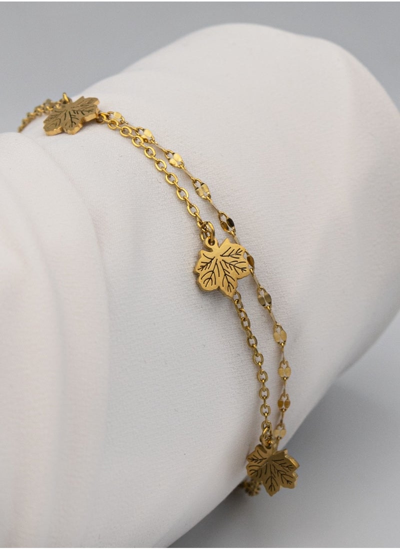 mjuhurat - Golden Maple Leaf Charm Bracelet – Double Chain, Gold-Plated, Adjustable Fit - Image 1