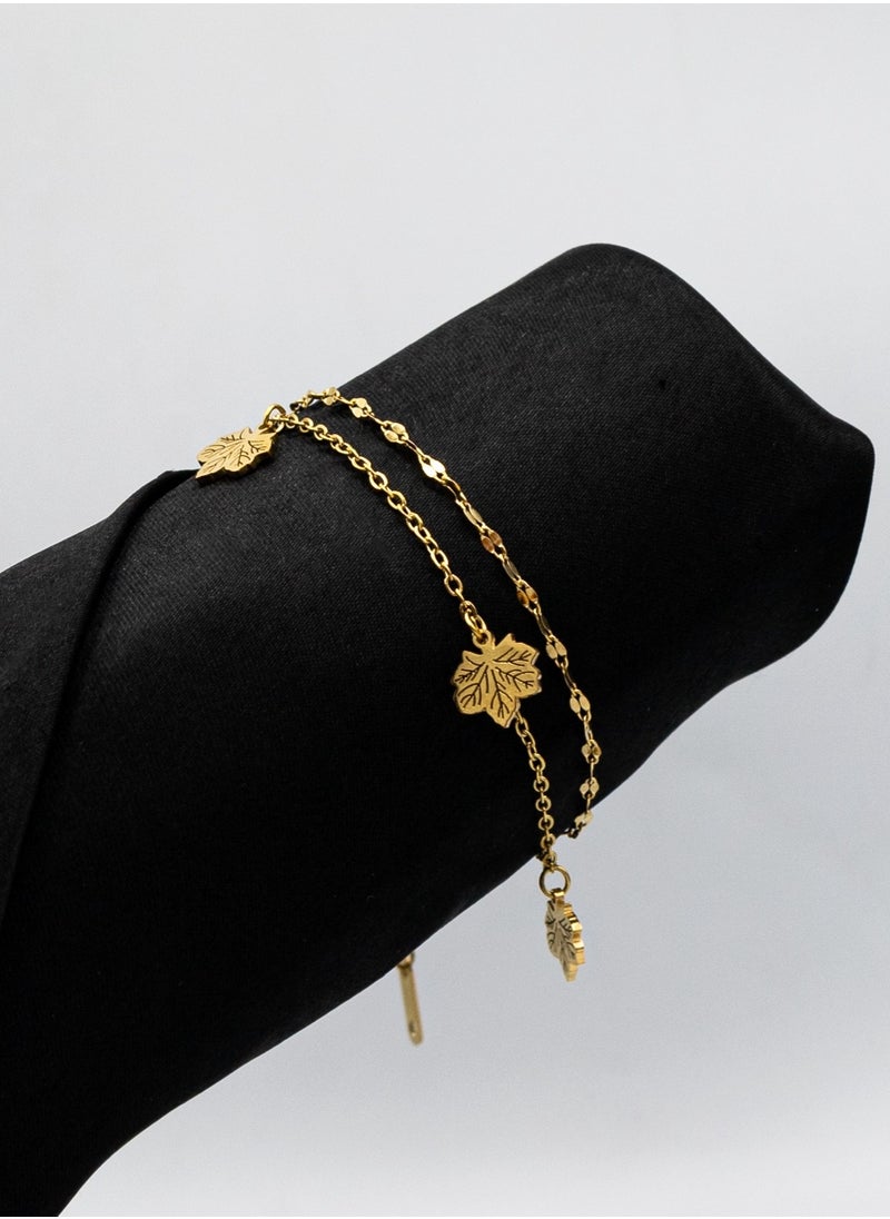 mjuhurat Golden Maple Leaf Charm Bracelet – Double Chain, Gold-Plated, Adjustable Fit  - Image 2